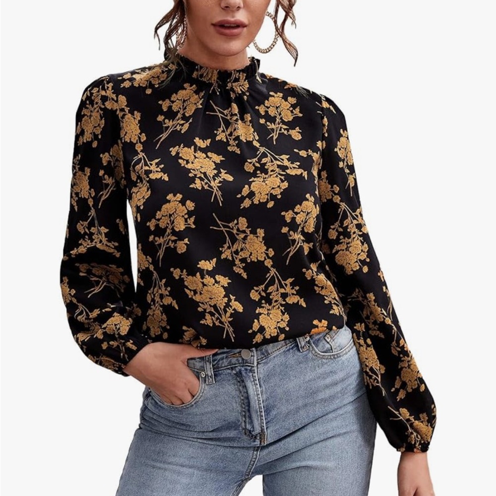 Floral Black and Gold mock neck Women's Top